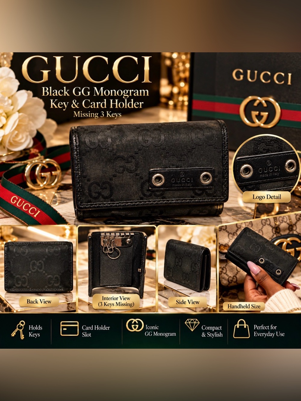 Gucci Black Monogram Key & Card Holder